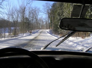 MGB GT on a snowy road
