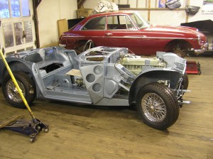 Engine & transmission installed in the Austin Healey BN7 two seater