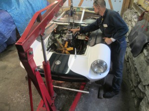 Patrick steers the Elva engine out