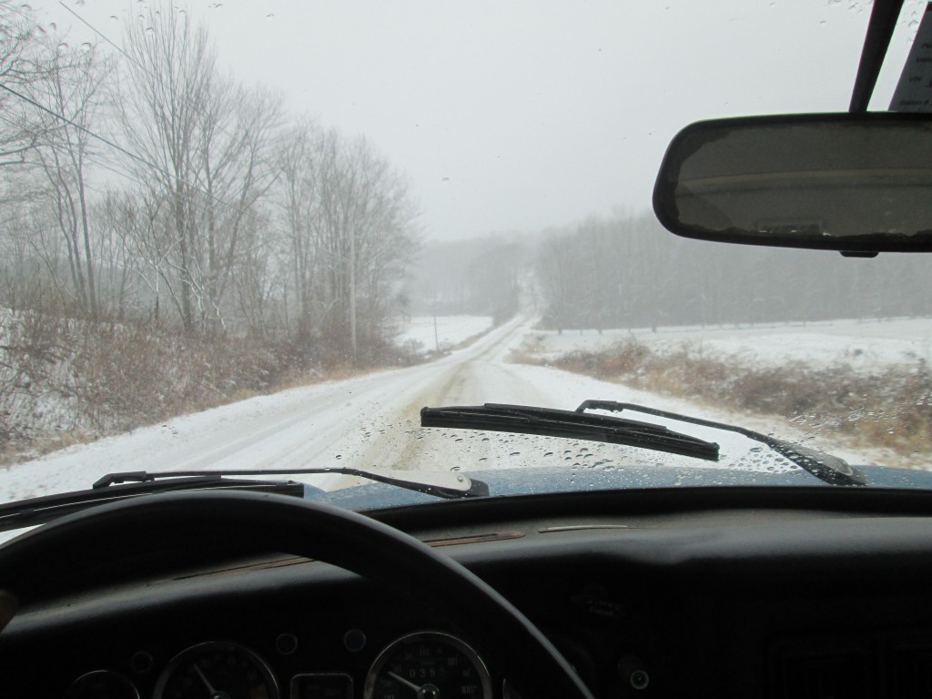 MGB GT on a snowy road
